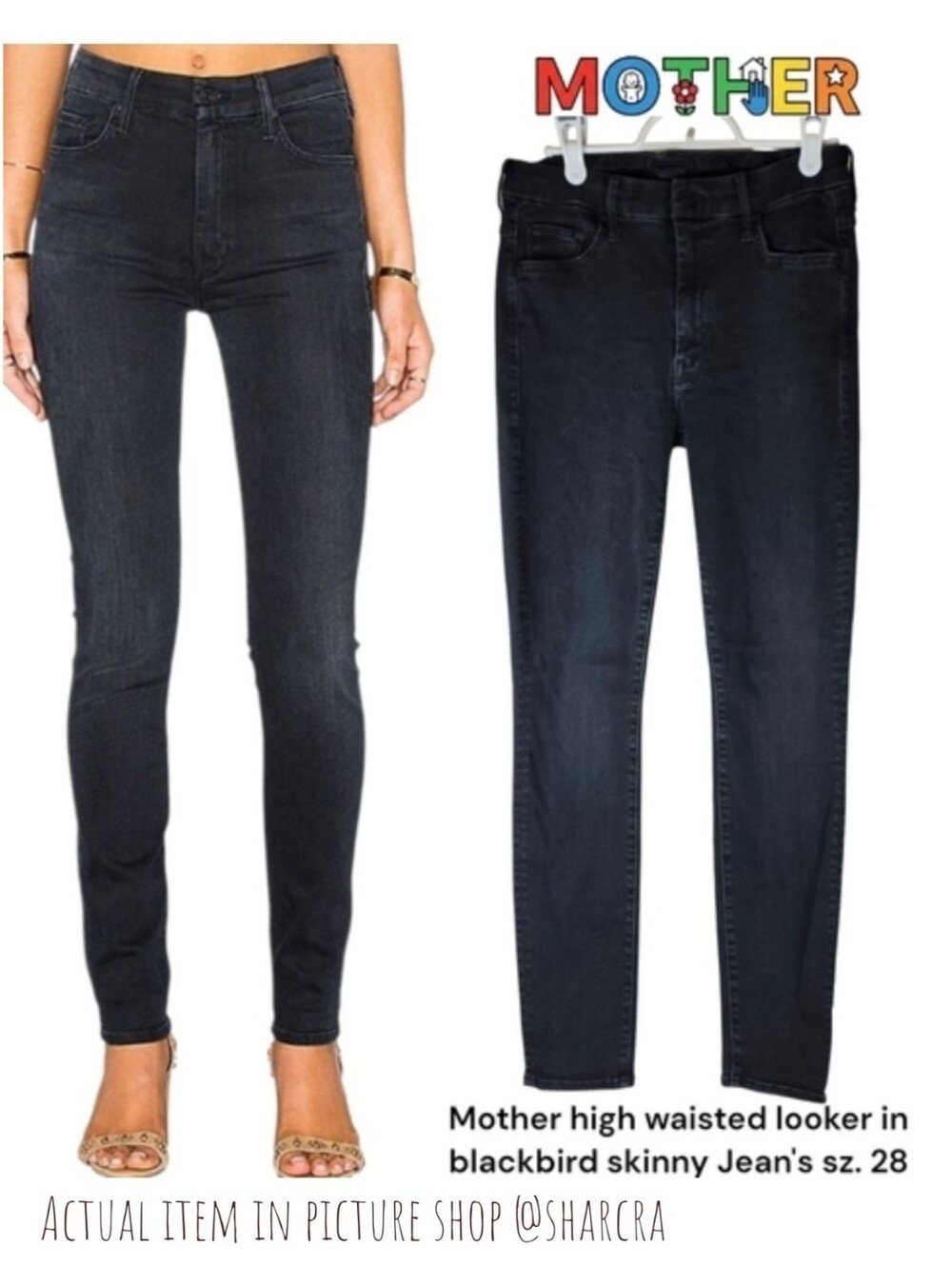 Mother Women high waisted looker blackbird skinny Black Denim Jean's Pants 28